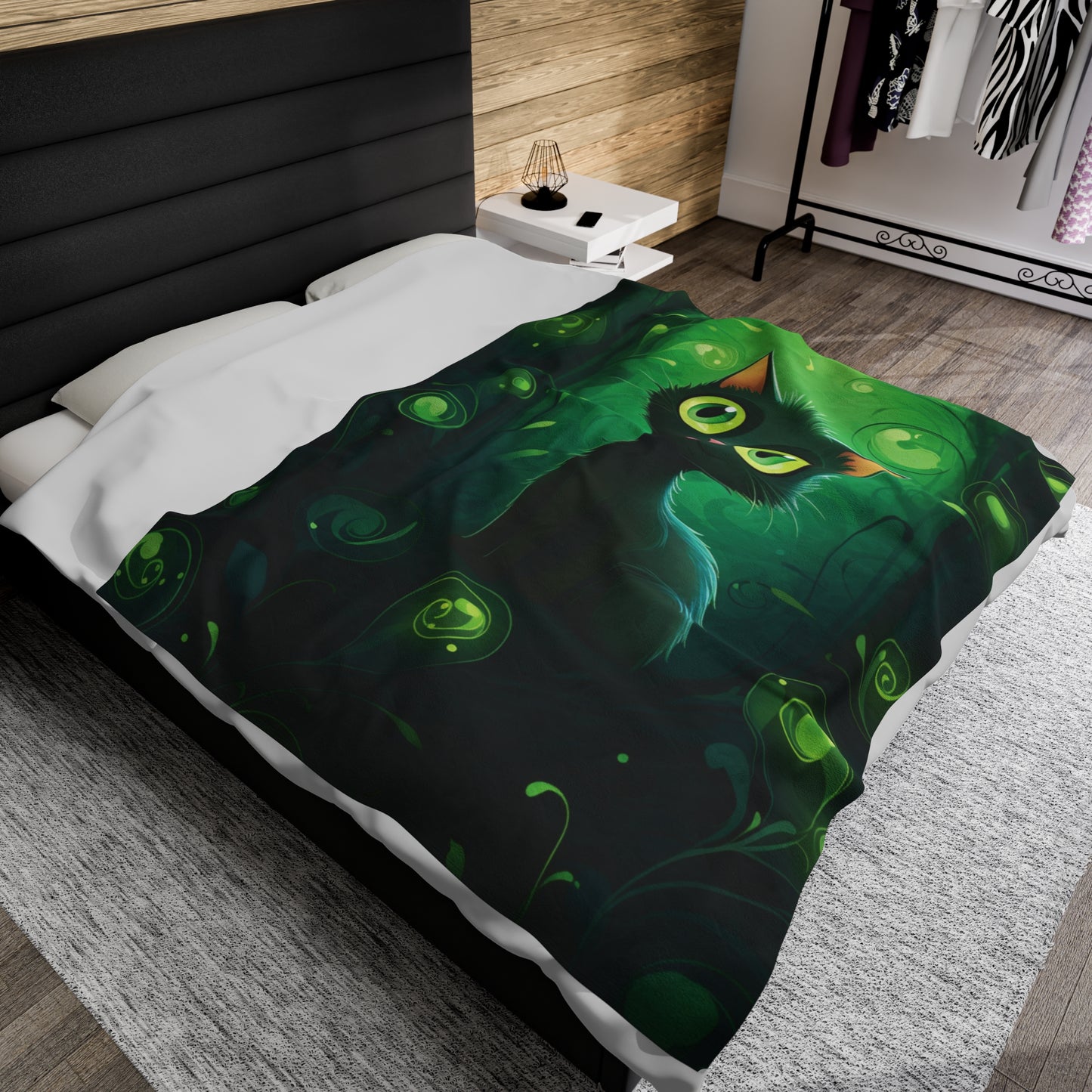 Magical Forest Cat Velveteen Plush Blanket, Green colors, Cat blanket, Super soft, Kids, Pets, Cute Black Cat