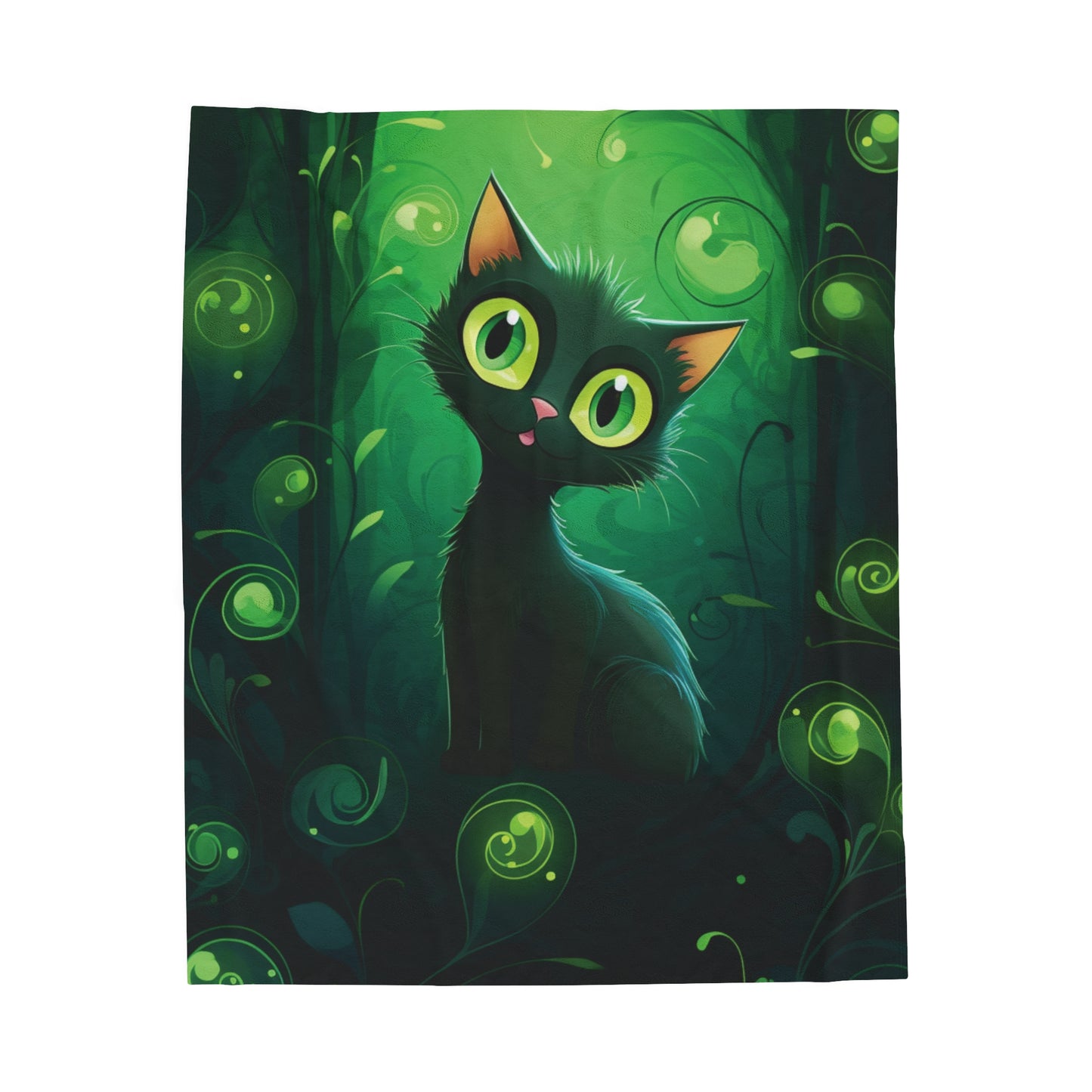 Magical Forest Cat Velveteen Plush Blanket, Green colors, Cat blanket, Super soft, Kids, Pets, Cute Black Cat