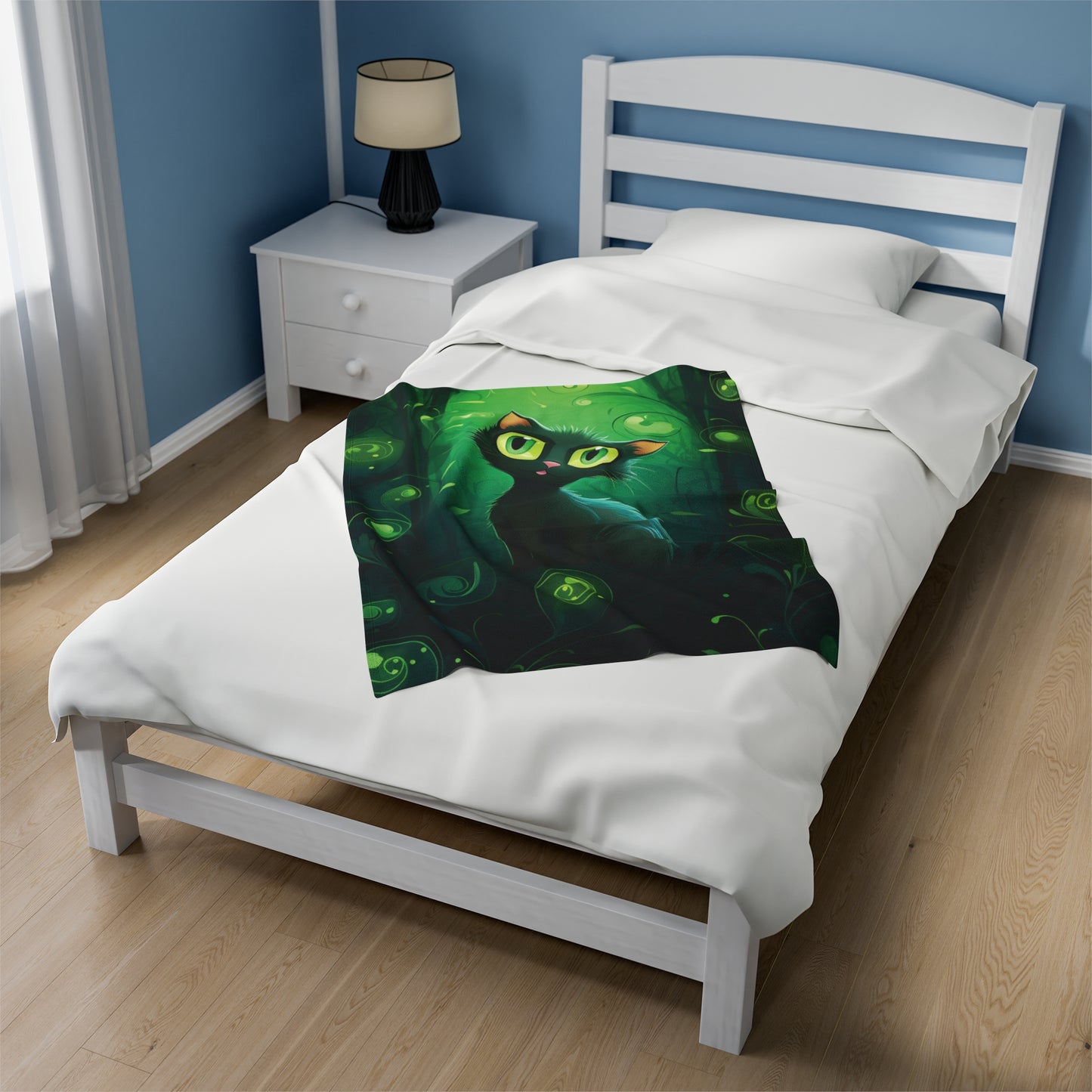 Magical Forest Cat Velveteen Plush Blanket, Green colors, Cat blanket, Super soft, Kids, Pets, Cute Black Cat