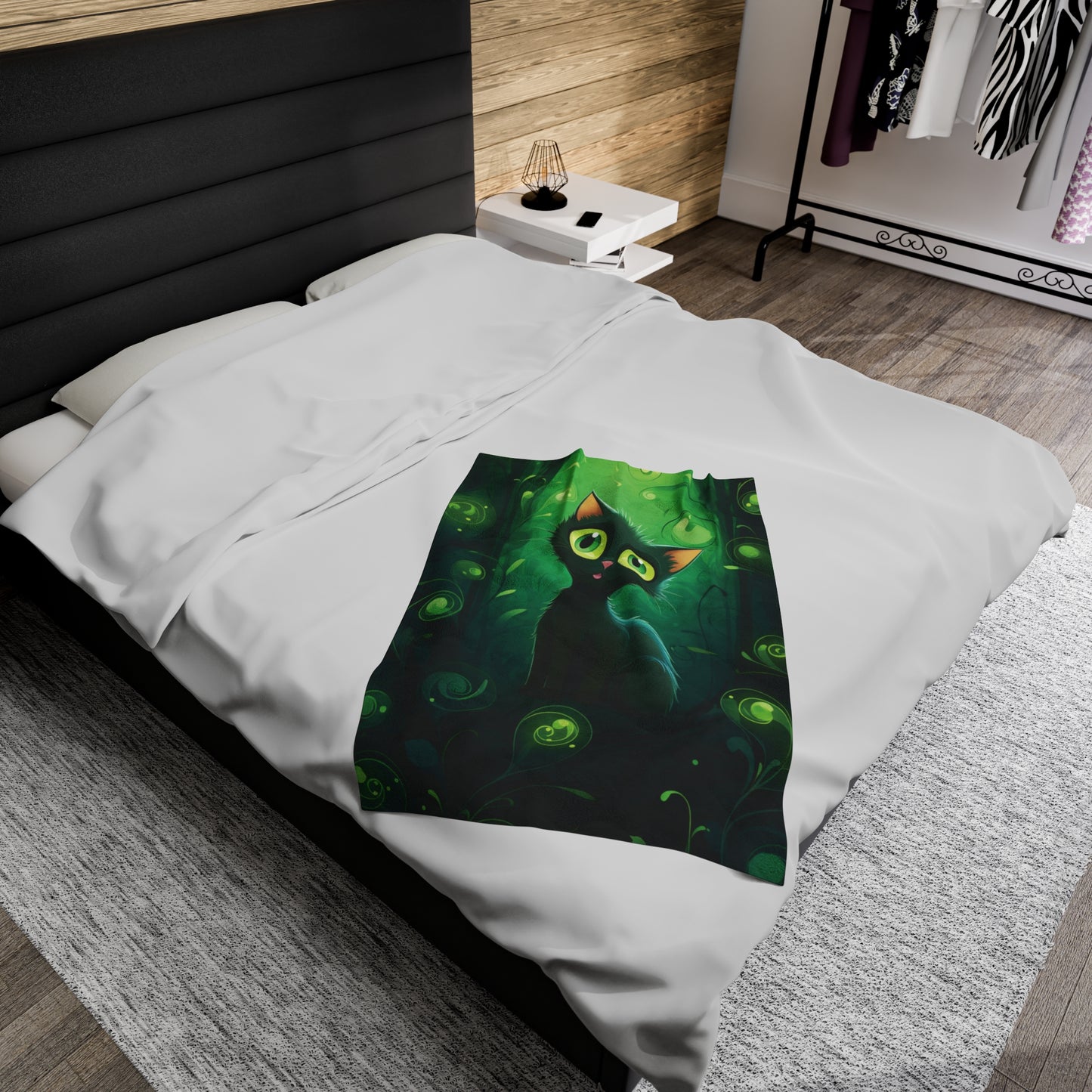 Magical Forest Cat Velveteen Plush Blanket, Green colors, Cat blanket, Super soft, Kids, Pets, Cute Black Cat