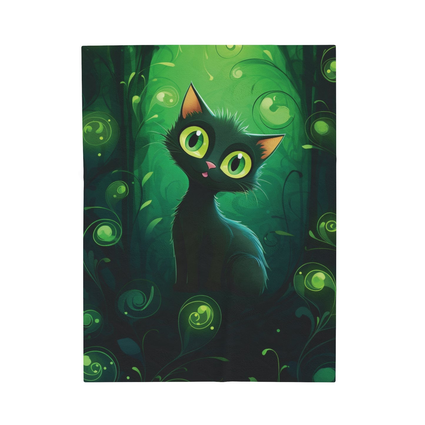 Magical Forest Cat Velveteen Plush Blanket, Green colors, Cat blanket, Super soft, Kids, Pets, Cute Black Cat