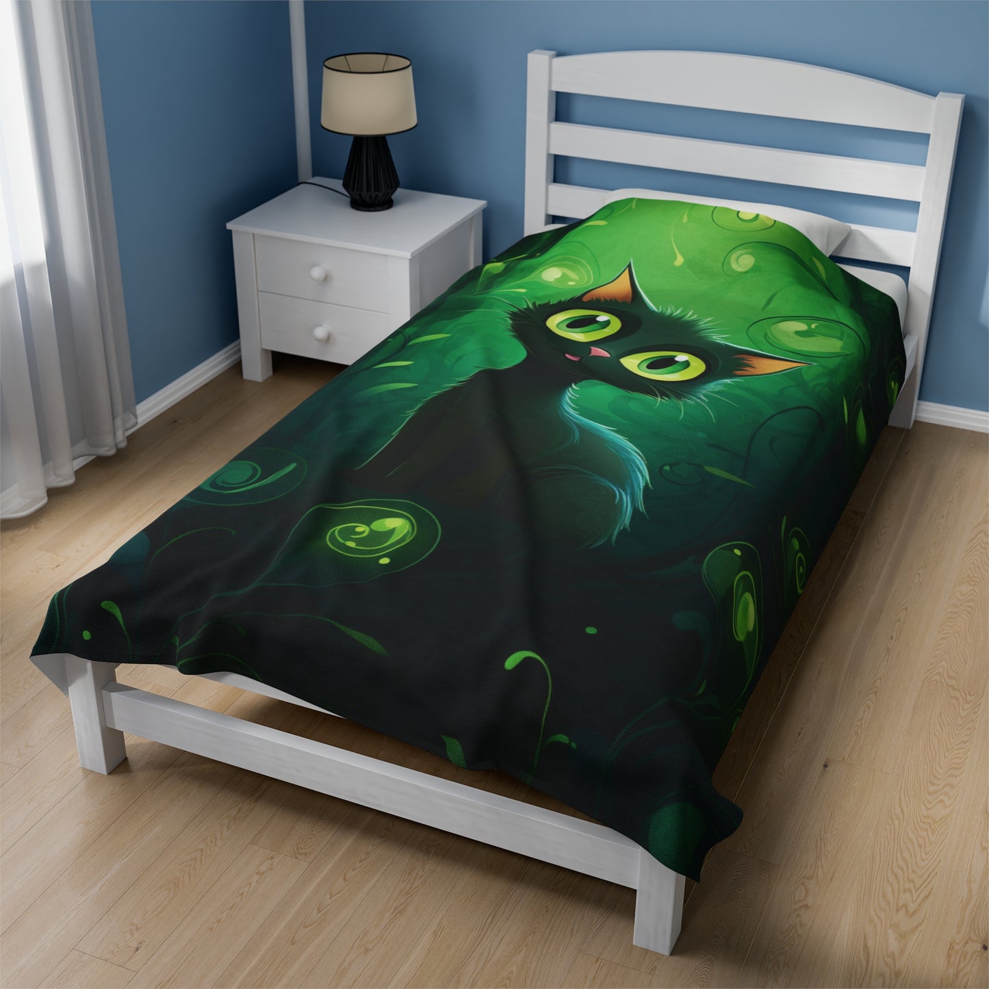 Magical Forest Cat Velveteen Plush Blanket, Green colors, Cat blanket, Super soft, Kids, Pets, Cute Black Cat
