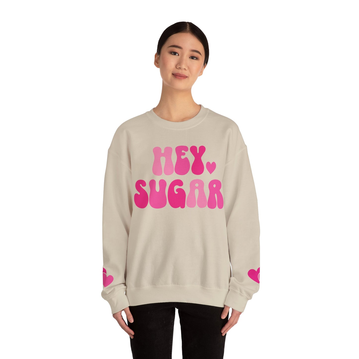 Hey Sugar heart sweatshirt, Valentines Day, sleeve prints hearts, bright pink, gift for her, Valentines sweatshirt, Cute, Trendy