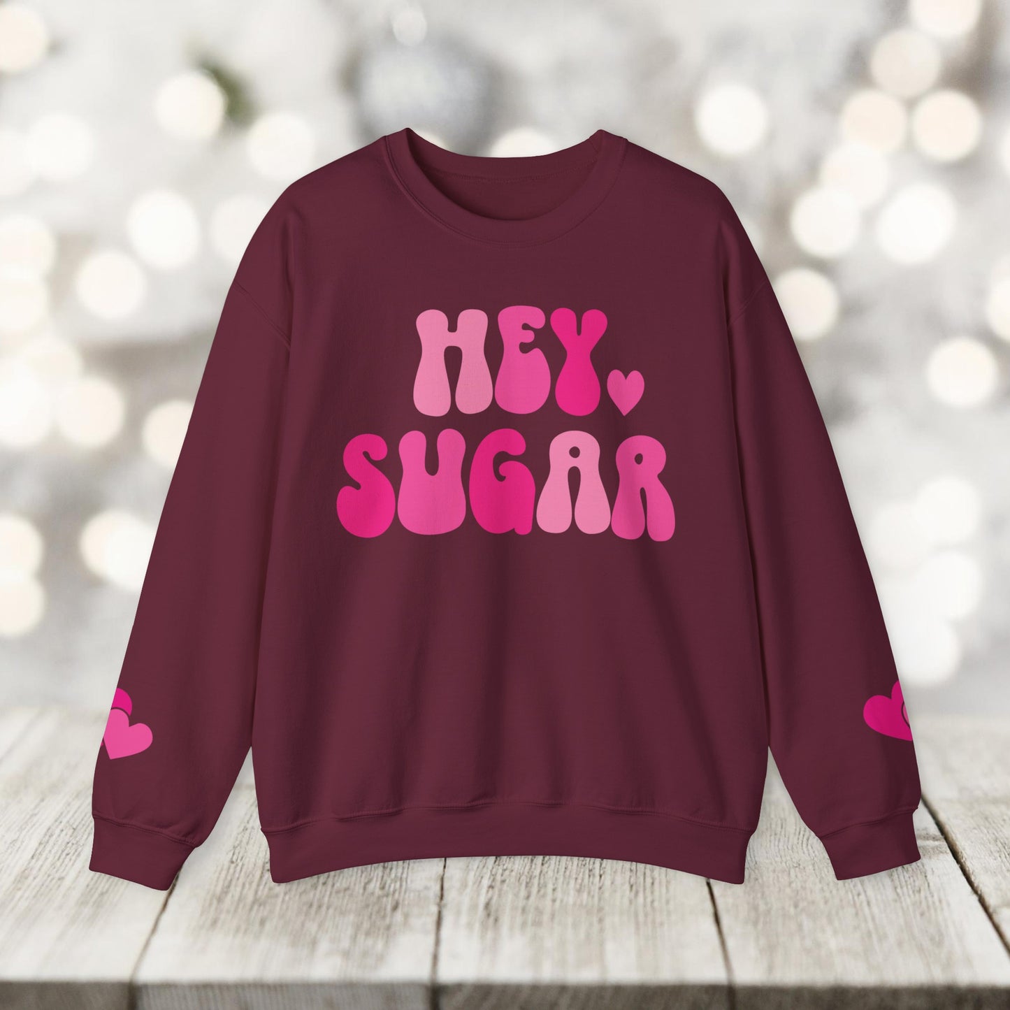 Hey Sugar heart sweatshirt, Valentines Day, sleeve prints hearts, bright pink, gift for her, Valentines sweatshirt, Cute, Trendy