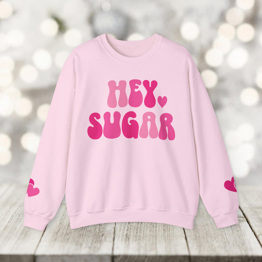 Hey Sugar heart sweatshirt, Valentines Day, sleeve prints hearts, bright pink, gift for her, Valentines sweatshirt, Cute, Trendy