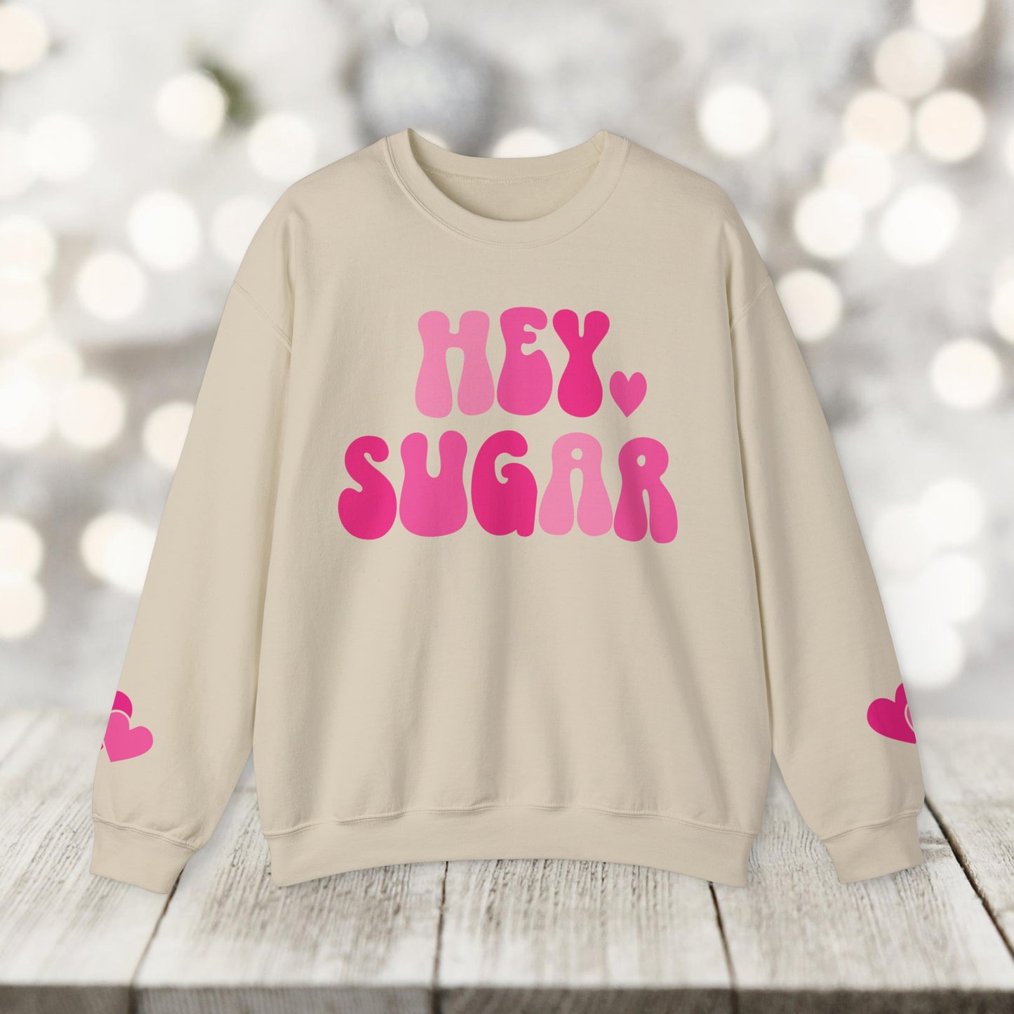 Hey Sugar heart sweatshirt, Valentines Day, sleeve prints hearts, bright pink, gift for her, Valentines sweatshirt, Cute, Trendy