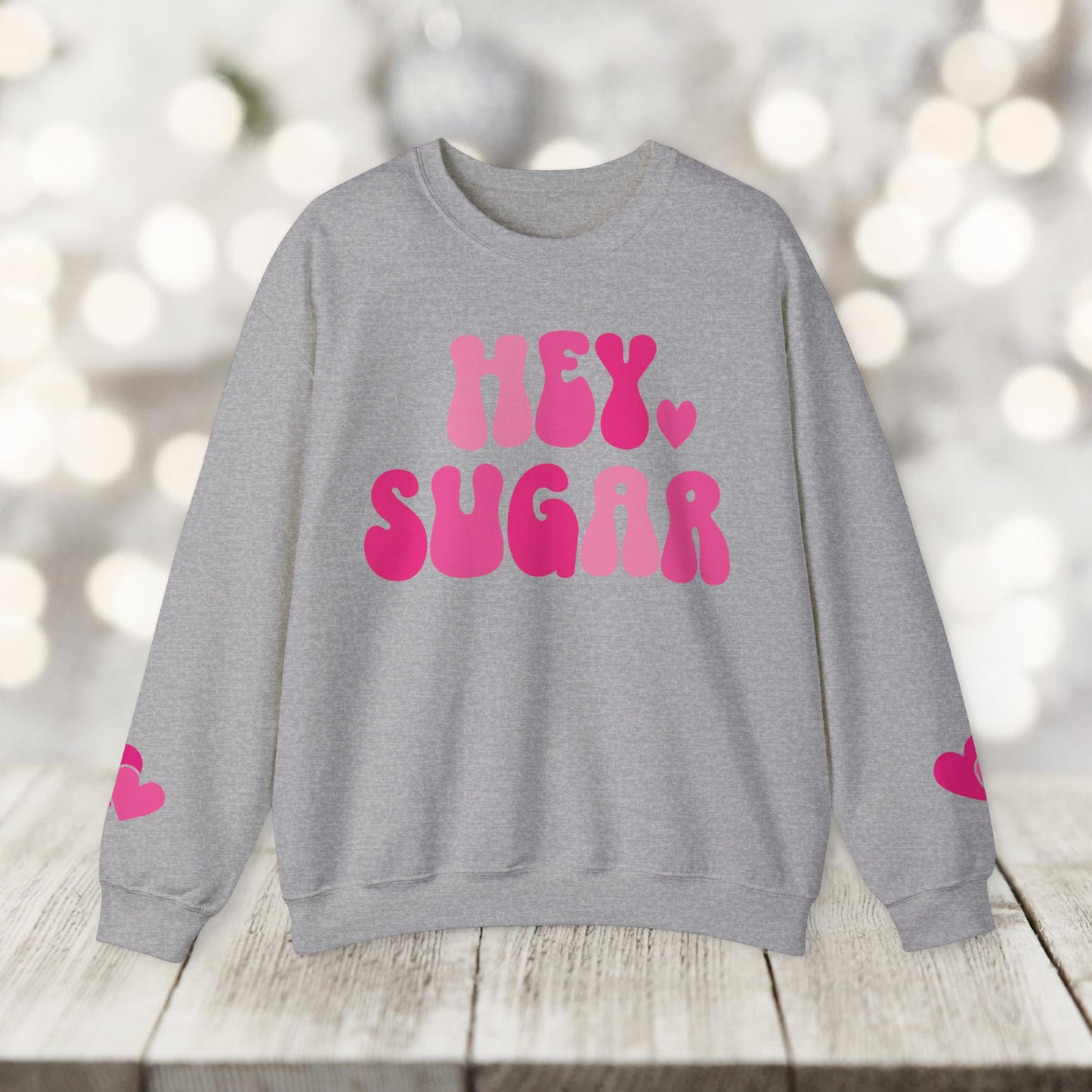 Hey Sugar heart sweatshirt, Valentines Day, sleeve prints hearts, bright pink, gift for her, Valentines sweatshirt, Cute, Trendy