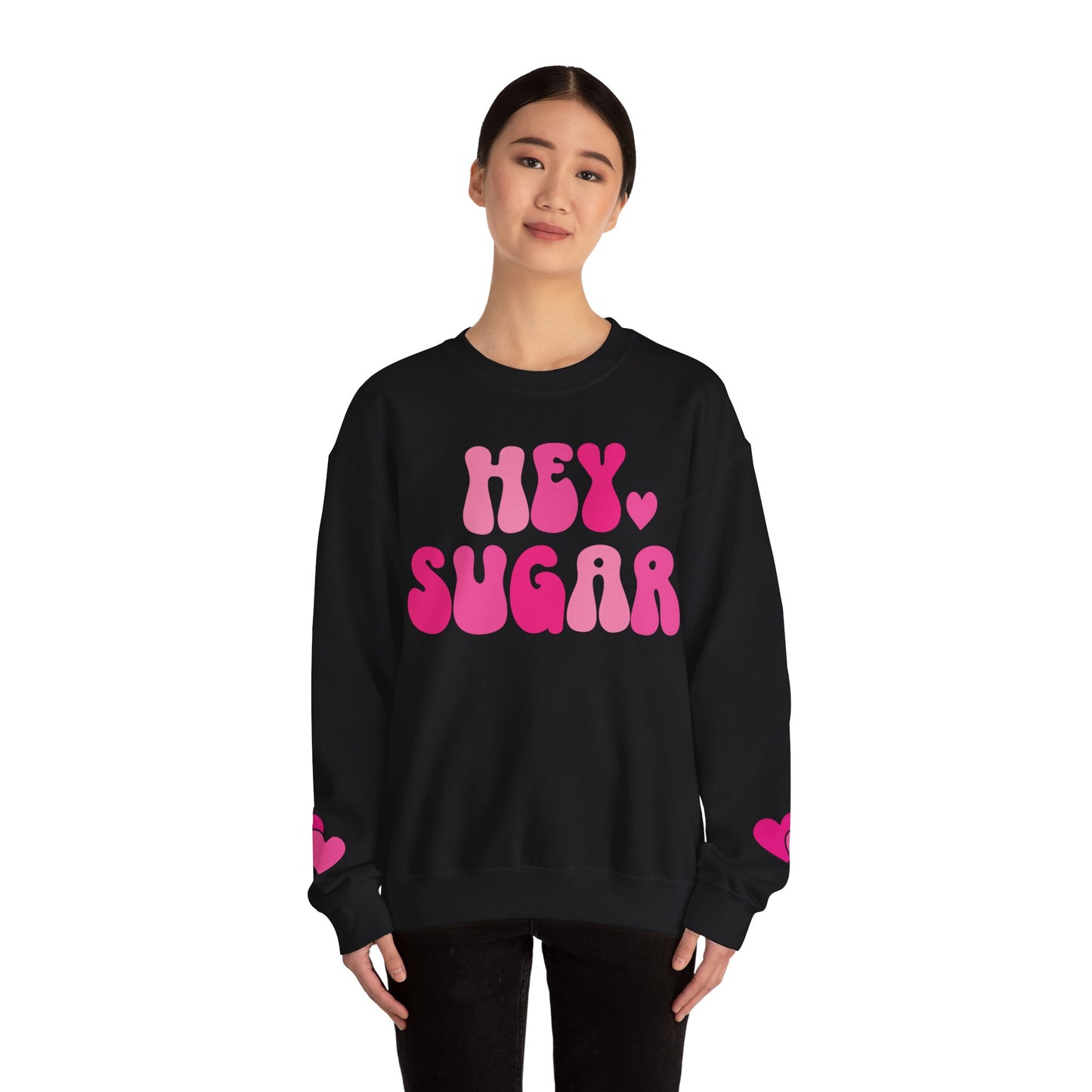 Hey Sugar heart sweatshirt, Valentines Day, sleeve prints hearts, bright pink, gift for her, Valentines sweatshirt, Cute, Trendy