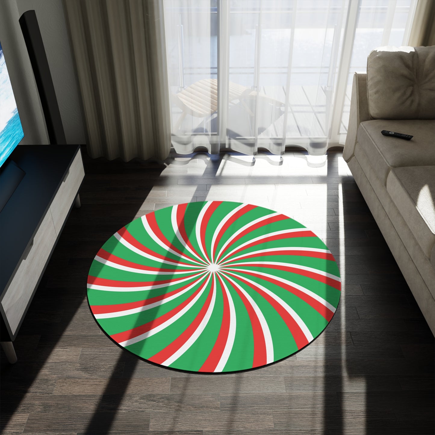 Round Candy Chenille Spiral Rug Green Red and White, Optical Illusion, Fun rug, Christmas, Teens gift, kids room, cute bedroom decor