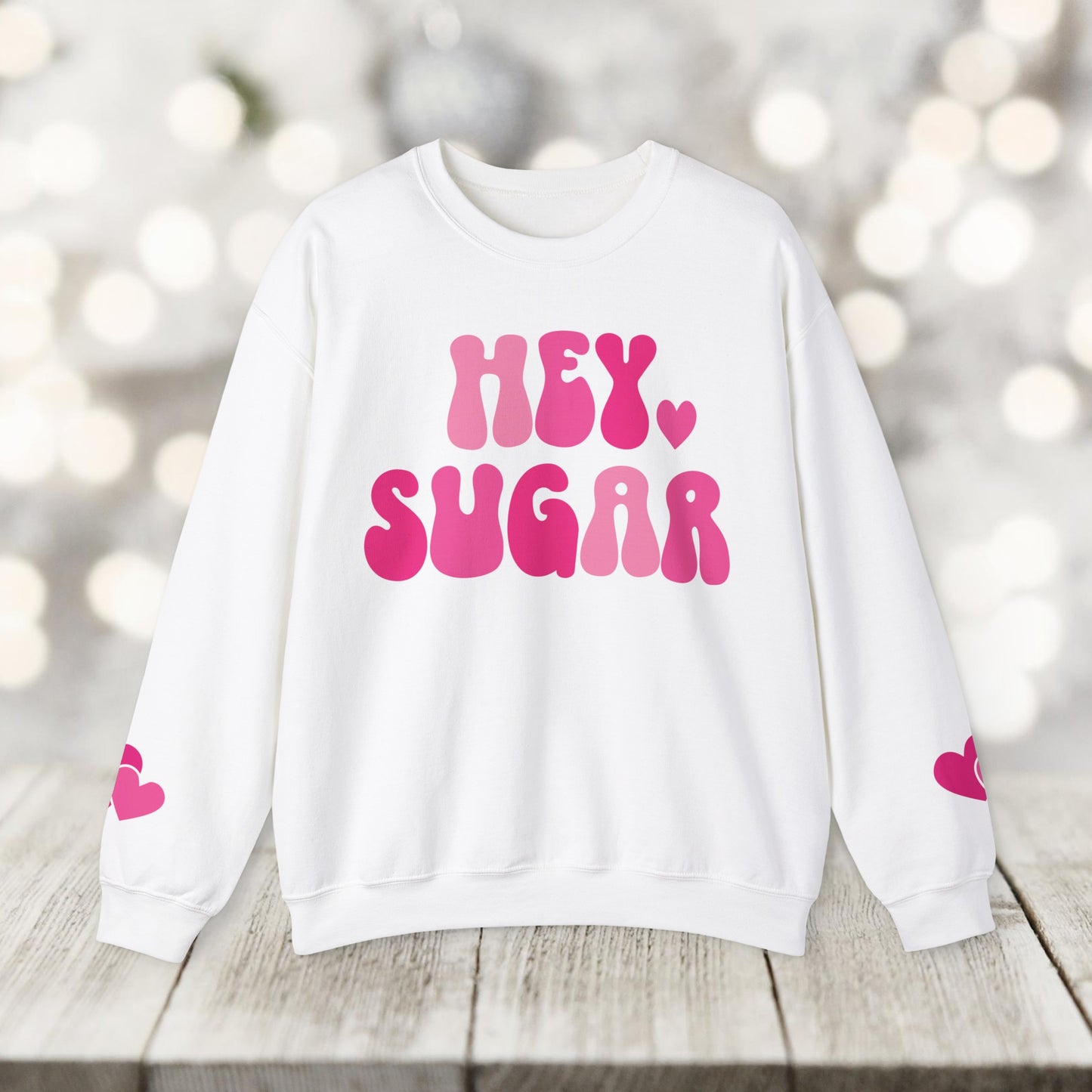 Hey Sugar heart sweatshirt, Valentines Day, sleeve prints hearts, bright pink, gift for her, Valentines sweatshirt, Cute, Trendy