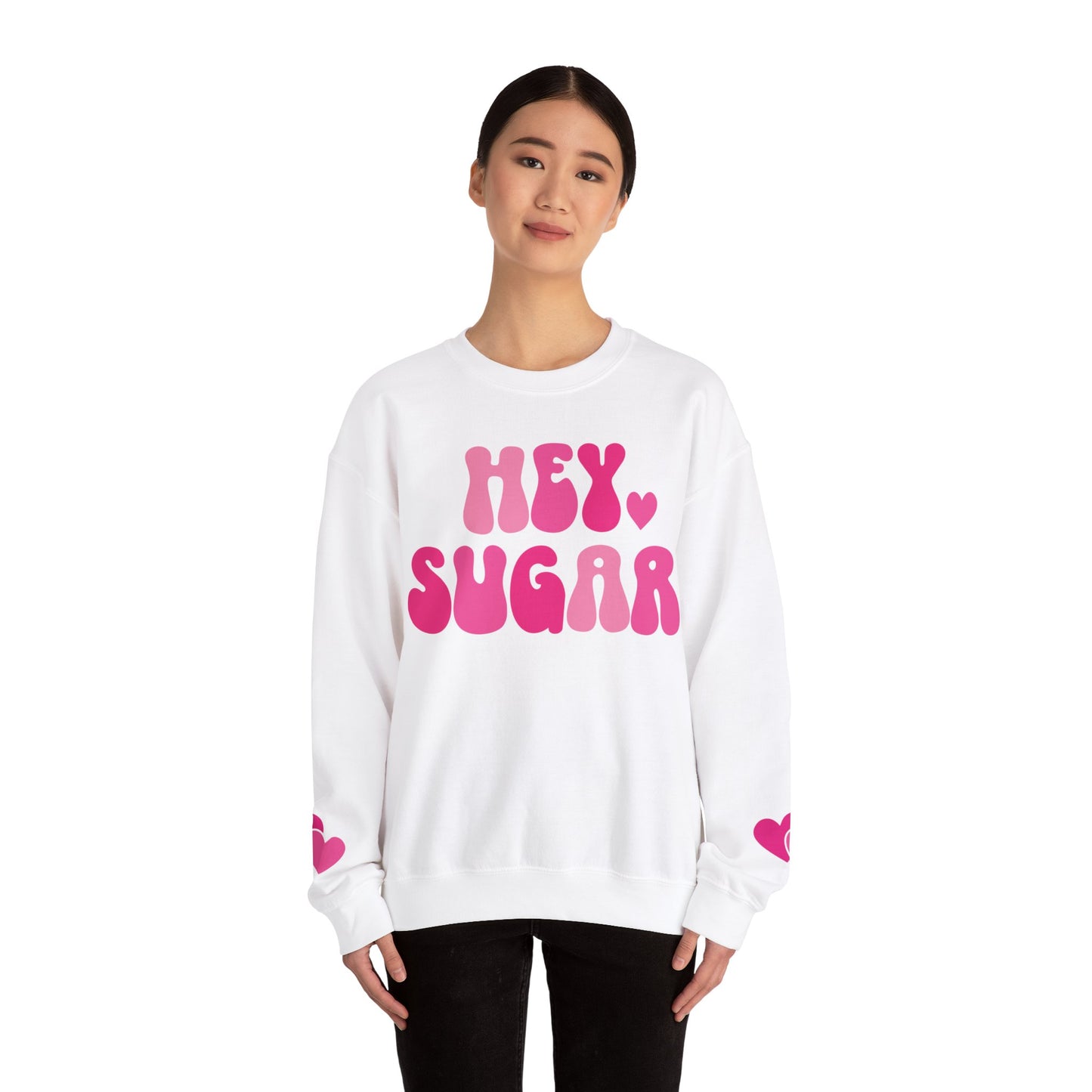 Hey Sugar heart sweatshirt, Valentines Day, sleeve prints hearts, bright pink, gift for her, Valentines sweatshirt, Cute, Trendy