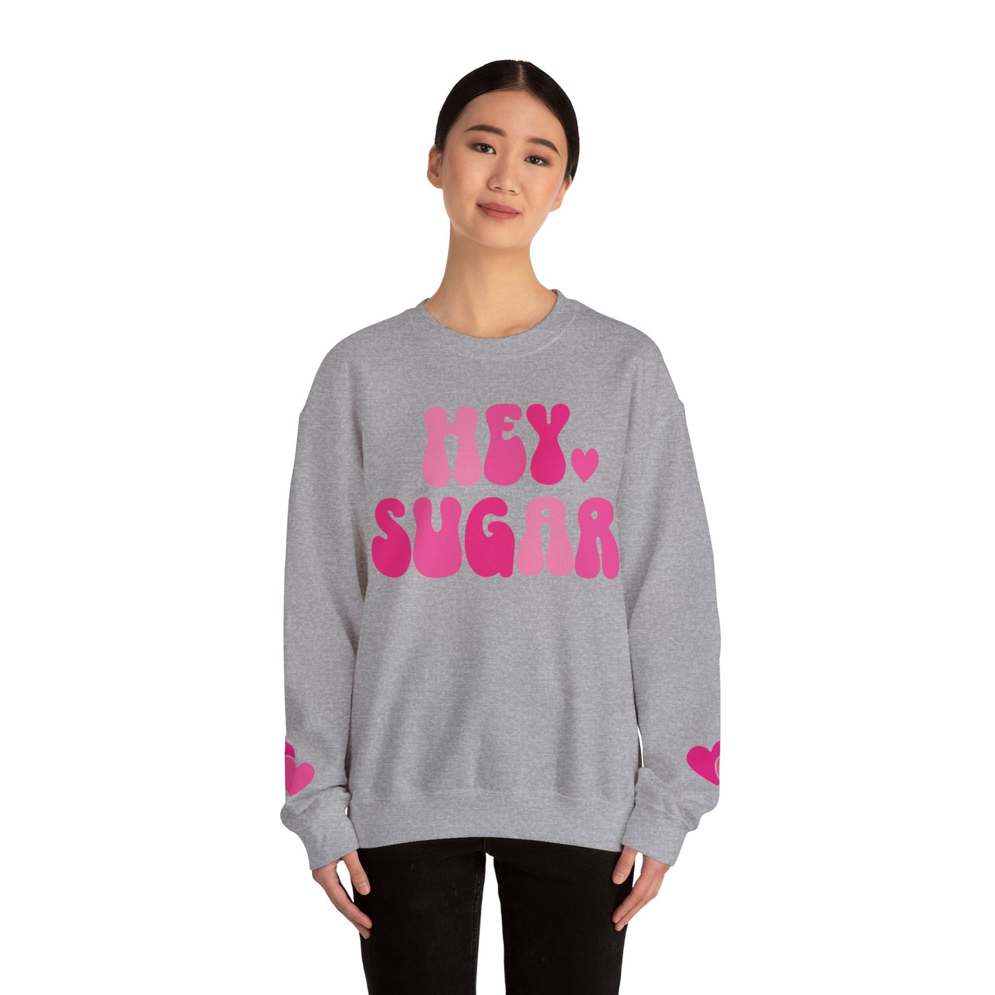 Hey Sugar heart sweatshirt, Valentines Day, sleeve prints hearts, bright pink, gift for her, Valentines sweatshirt, Cute, Trendy