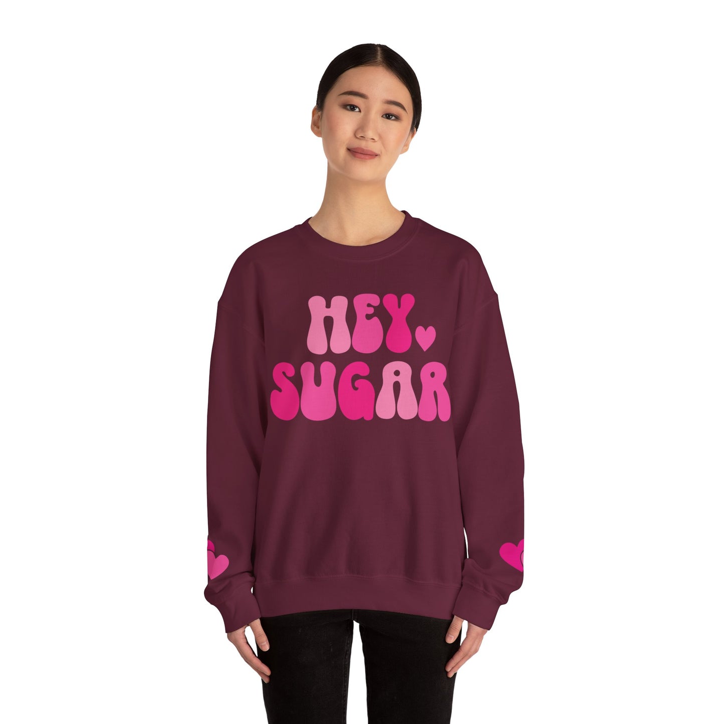 Hey Sugar heart sweatshirt, Valentines Day, sleeve prints hearts, bright pink, gift for her, Valentines sweatshirt, Cute, Trendy