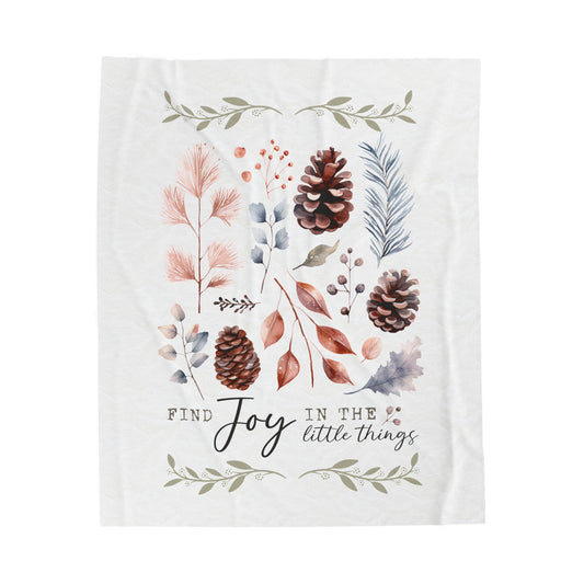 Find Joy in the Little Things Cottagecore Velveteen Plush Blanket, Pinecones, Plants, Leaves, Soft Blanket, Organic, Gift Idea