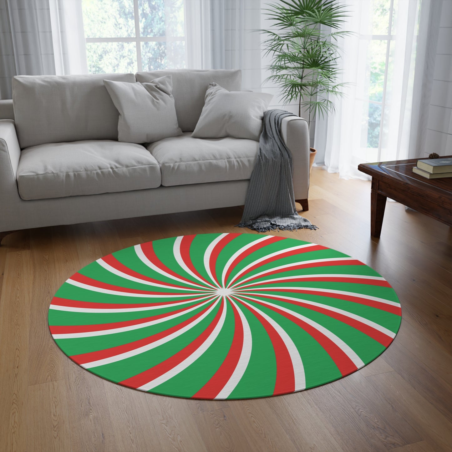 Round Candy Chenille Spiral Rug Green Red and White, Optical Illusion, Fun rug, Christmas, Teens gift, kids room, cute bedroom decor