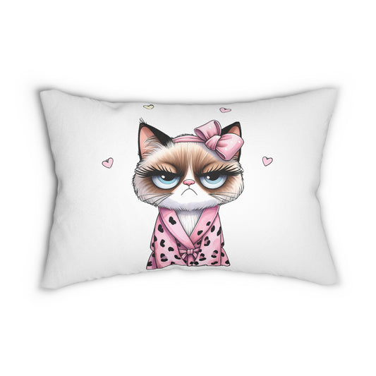 Sleepy Cat Spun Polyester Lumbar Pillow, Cat Mom, Cat Lover, Cat gift, sleepy cat in bathrobe, cute pillow, funny cat cat decor