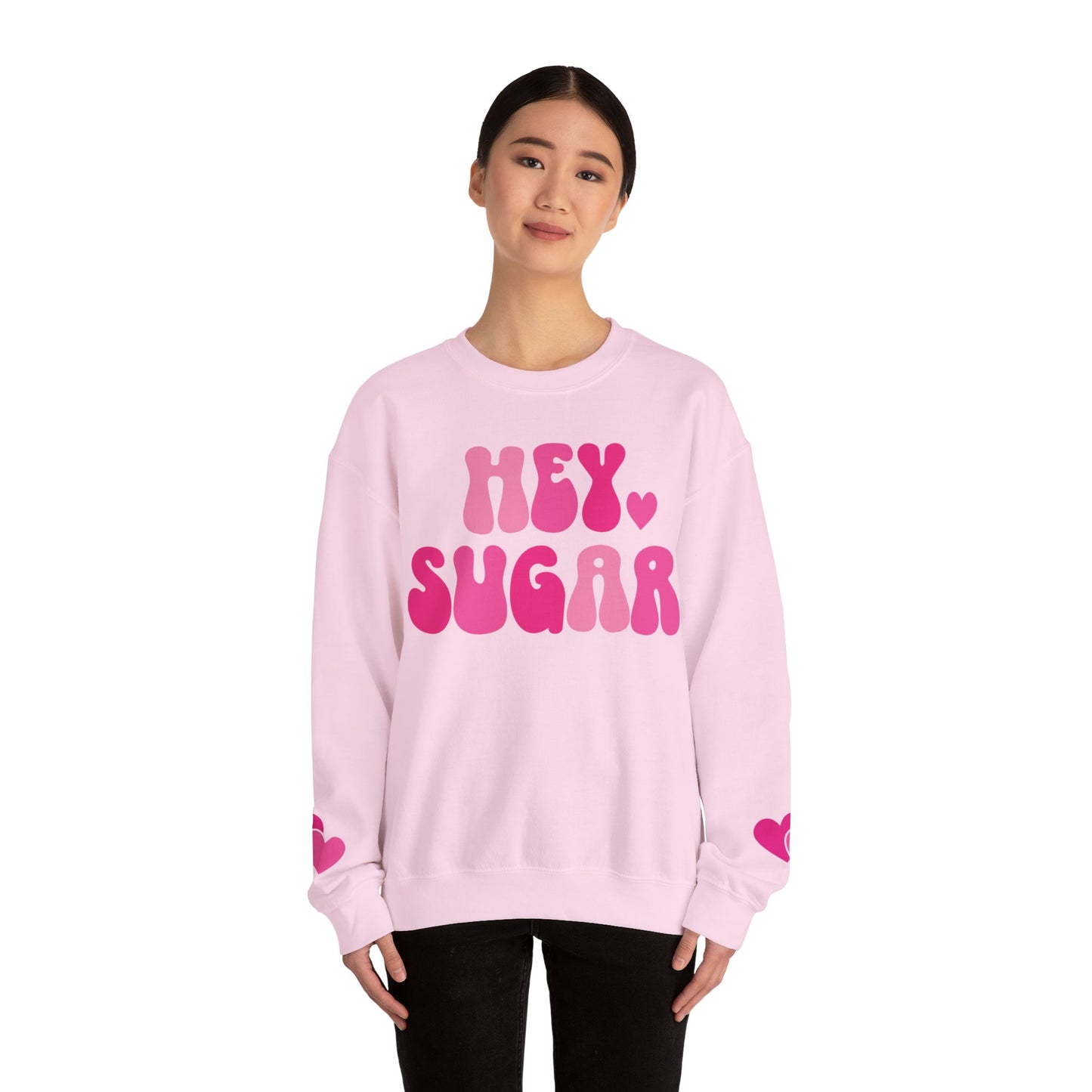 Hey Sugar heart sweatshirt, Valentines Day, sleeve prints hearts, bright pink, gift for her, Valentines sweatshirt, Cute, Trendy