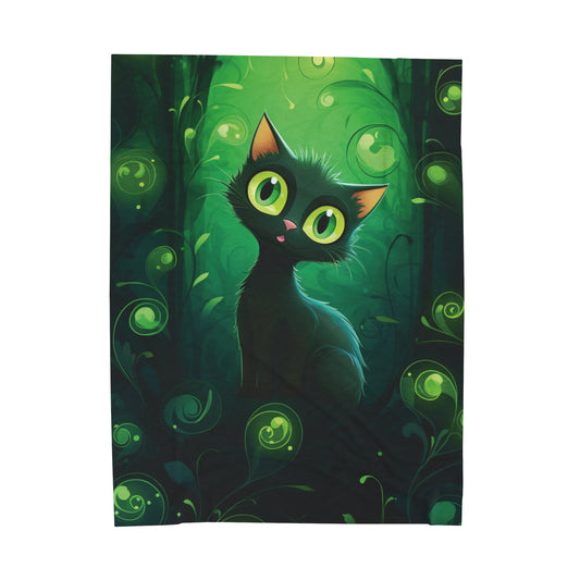 Magical Forest Cat Velveteen Plush Blanket, Green colors, Cat blanket, Super soft, Kids, Pets, Cute Black Cat